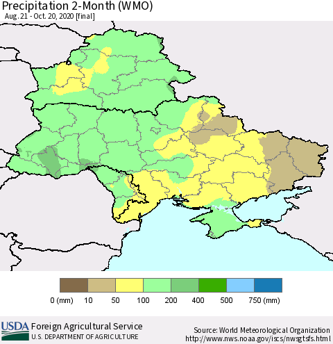 Ukraine, Moldova and Belarus Precipitation 2-Month (WMO) Thematic Map For 8/21/2020 - 10/20/2020