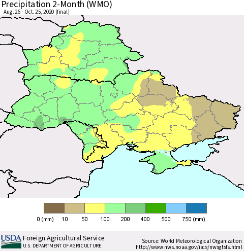 Ukraine, Moldova and Belarus Precipitation 2-Month (WMO) Thematic Map For 8/26/2020 - 10/25/2020
