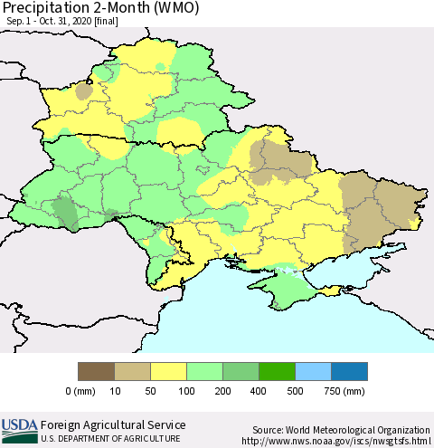 Ukraine, Moldova and Belarus Precipitation 2-Month (WMO) Thematic Map For 9/1/2020 - 10/31/2020