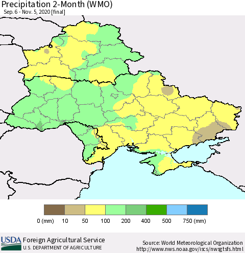 Ukraine, Moldova and Belarus Precipitation 2-Month (WMO) Thematic Map For 9/6/2020 - 11/5/2020