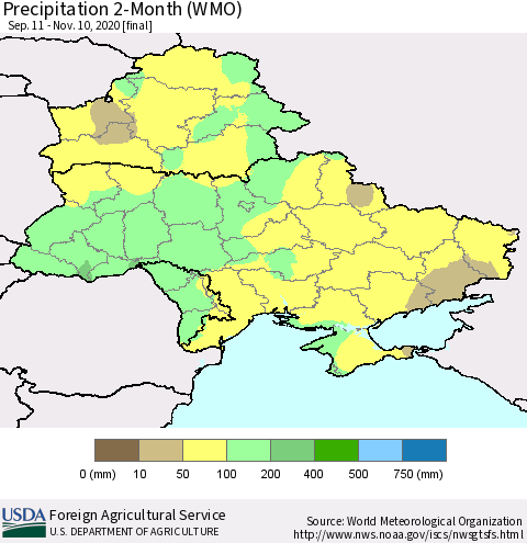 Ukraine, Moldova and Belarus Precipitation 2-Month (WMO) Thematic Map For 9/11/2020 - 11/10/2020