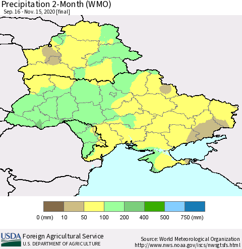 Ukraine, Moldova and Belarus Precipitation 2-Month (WMO) Thematic Map For 9/16/2020 - 11/15/2020