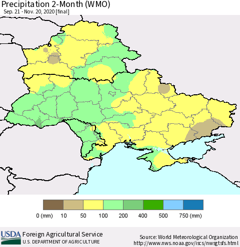 Ukraine, Moldova and Belarus Precipitation 2-Month (WMO) Thematic Map For 9/21/2020 - 11/20/2020