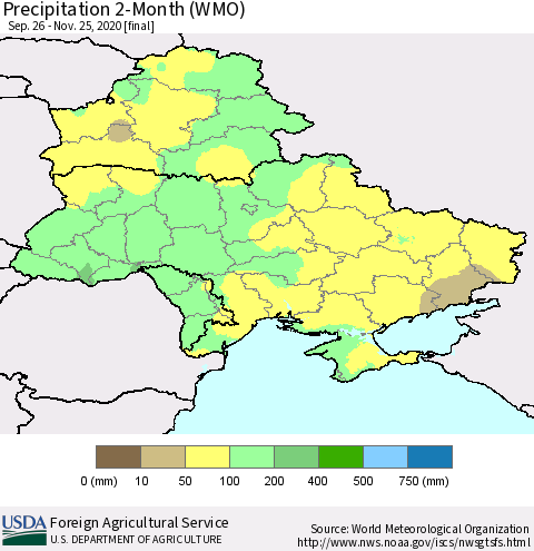 Ukraine, Moldova and Belarus Precipitation 2-Month (WMO) Thematic Map For 9/26/2020 - 11/25/2020