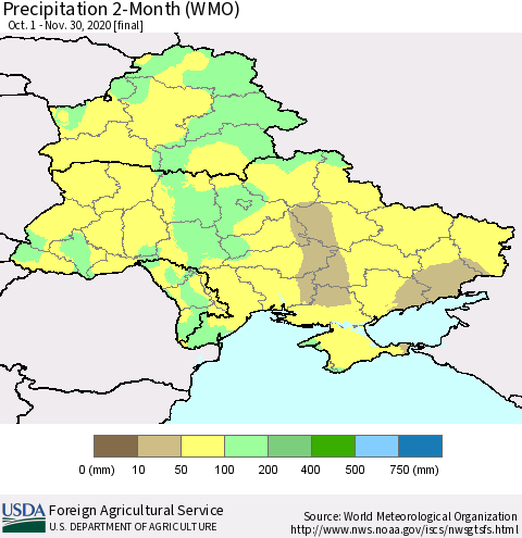 Ukraine, Moldova and Belarus Precipitation 2-Month (WMO) Thematic Map For 10/1/2020 - 11/30/2020