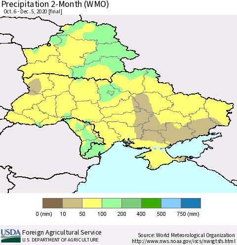 Ukraine, Moldova and Belarus Precipitation 2-Month (WMO) Thematic Map For 10/6/2020 - 12/5/2020