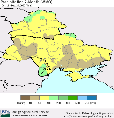 Ukraine, Moldova and Belarus Precipitation 2-Month (WMO) Thematic Map For 10/11/2020 - 12/10/2020