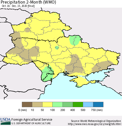 Ukraine, Moldova and Belarus Precipitation 2-Month (WMO) Thematic Map For 10/16/2020 - 12/15/2020