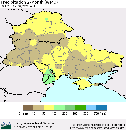 Ukraine, Moldova and Belarus Precipitation 2-Month (WMO) Thematic Map For 10/21/2020 - 12/20/2020