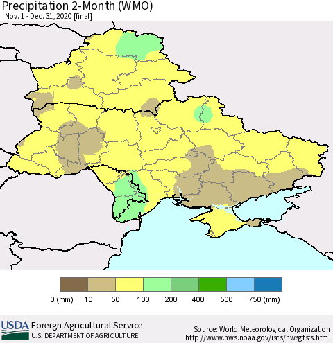 Ukraine, Moldova and Belarus Precipitation 2-Month (WMO) Thematic Map For 11/1/2020 - 12/31/2020