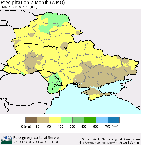 Ukraine, Moldova and Belarus Precipitation 2-Month (WMO) Thematic Map For 11/6/2020 - 1/5/2021