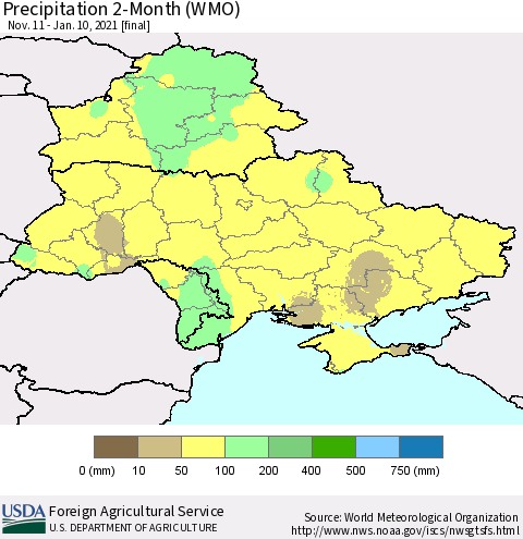Ukraine, Moldova and Belarus Precipitation 2-Month (WMO) Thematic Map For 11/11/2020 - 1/10/2021