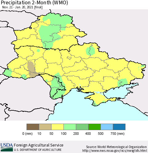 Ukraine, Moldova and Belarus Precipitation 2-Month (WMO) Thematic Map For 11/21/2020 - 1/20/2021
