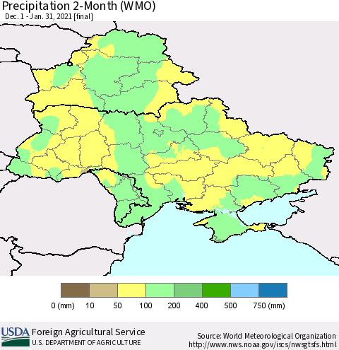 Ukraine, Moldova and Belarus Precipitation 2-Month (WMO) Thematic Map For 12/1/2020 - 1/31/2021