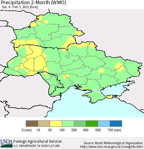 Ukraine, Moldova and Belarus Precipitation 2-Month (WMO) Thematic Map For 12/6/2020 - 2/5/2021