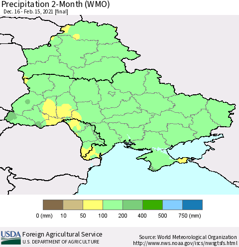 Ukraine, Moldova and Belarus Precipitation 2-Month (WMO) Thematic Map For 12/16/2020 - 2/15/2021