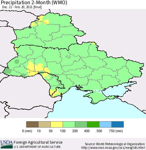 Ukraine, Moldova and Belarus Precipitation 2-Month (WMO) Thematic Map For 12/21/2020 - 2/20/2021