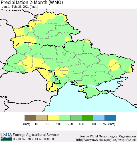 Ukraine, Moldova and Belarus Precipitation 2-Month (WMO) Thematic Map For 1/1/2021 - 2/28/2021