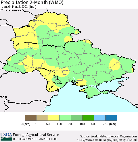 Ukraine, Moldova and Belarus Precipitation 2-Month (WMO) Thematic Map For 1/6/2021 - 3/5/2021