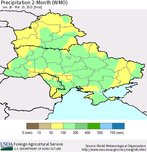 Ukraine, Moldova and Belarus Precipitation 2-Month (WMO) Thematic Map For 1/26/2021 - 3/25/2021