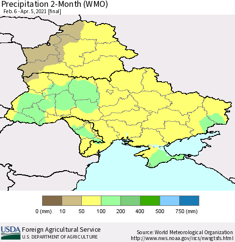 Ukraine, Moldova and Belarus Precipitation 2-Month (WMO) Thematic Map For 2/6/2021 - 4/5/2021