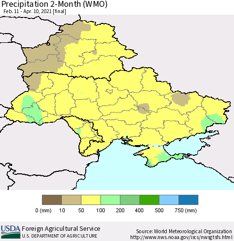 Ukraine, Moldova and Belarus Precipitation 2-Month (WMO) Thematic Map For 2/11/2021 - 4/10/2021