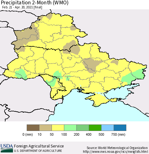 Ukraine, Moldova and Belarus Precipitation 2-Month (WMO) Thematic Map For 2/21/2021 - 4/20/2021
