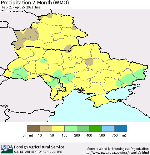 Ukraine, Moldova and Belarus Precipitation 2-Month (WMO) Thematic Map For 2/26/2021 - 4/25/2021