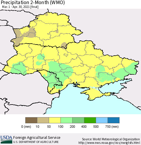 Ukraine, Moldova and Belarus Precipitation 2-Month (WMO) Thematic Map For 3/1/2021 - 4/30/2021