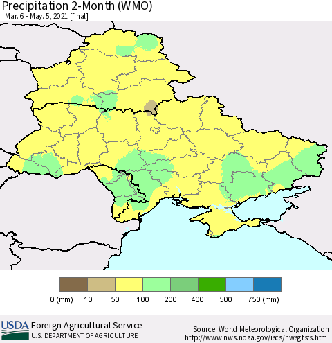 Ukraine, Moldova and Belarus Precipitation 2-Month (WMO) Thematic Map For 3/6/2021 - 5/5/2021