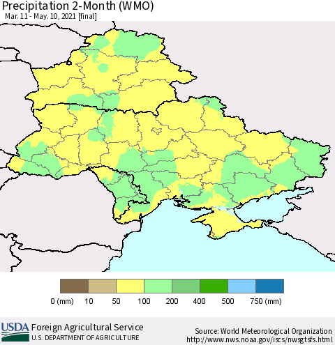 Ukraine, Moldova and Belarus Precipitation 2-Month (WMO) Thematic Map For 3/11/2021 - 5/10/2021