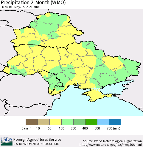 Ukraine, Moldova and Belarus Precipitation 2-Month (WMO) Thematic Map For 3/16/2021 - 5/15/2021