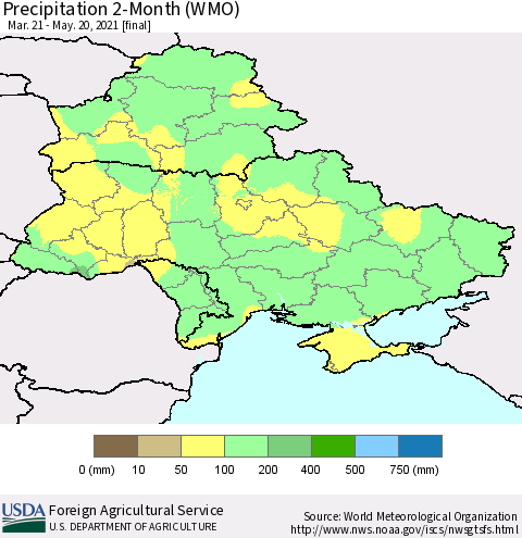 Ukraine, Moldova and Belarus Precipitation 2-Month (WMO) Thematic Map For 3/21/2021 - 5/20/2021