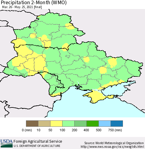 Ukraine, Moldova and Belarus Precipitation 2-Month (WMO) Thematic Map For 3/26/2021 - 5/25/2021