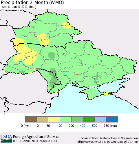 Ukraine, Moldova and Belarus Precipitation 2-Month (WMO) Thematic Map For 4/6/2021 - 6/5/2021