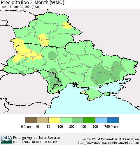 Ukraine, Moldova and Belarus Precipitation 2-Month (WMO) Thematic Map For 4/11/2021 - 6/10/2021