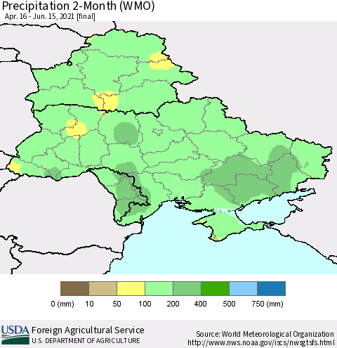 Ukraine, Moldova and Belarus Precipitation 2-Month (WMO) Thematic Map For 4/16/2021 - 6/15/2021