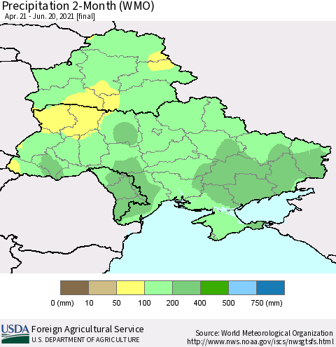 Ukraine, Moldova and Belarus Precipitation 2-Month (WMO) Thematic Map For 4/21/2021 - 6/20/2021