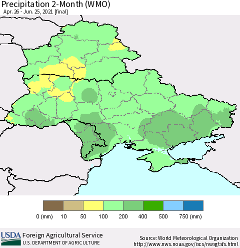 Ukraine, Moldova and Belarus Precipitation 2-Month (WMO) Thematic Map For 4/26/2021 - 6/25/2021