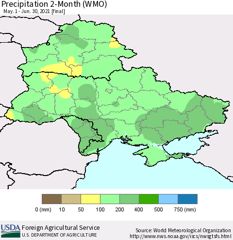 Ukraine, Moldova and Belarus Precipitation 2-Month (WMO) Thematic Map For 5/1/2021 - 6/30/2021