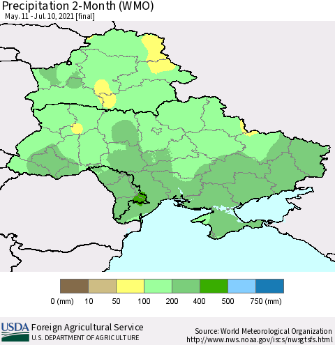 Ukraine, Moldova and Belarus Precipitation 2-Month (WMO) Thematic Map For 5/11/2021 - 7/10/2021