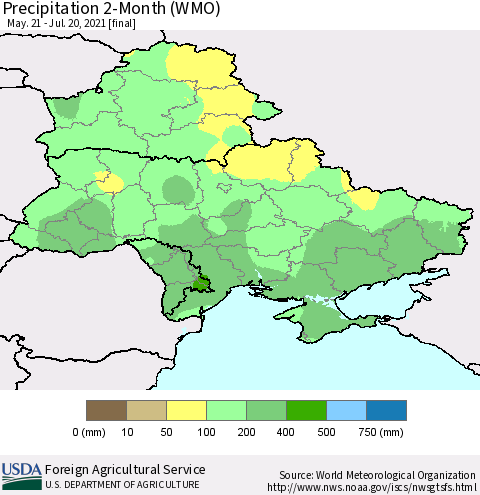 Ukraine, Moldova and Belarus Precipitation 2-Month (WMO) Thematic Map For 5/21/2021 - 7/20/2021