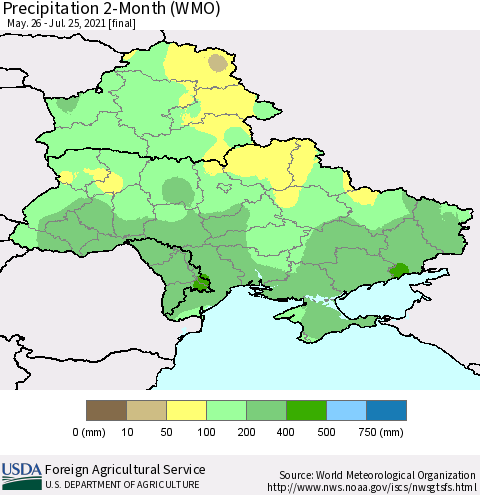 Ukraine, Moldova and Belarus Precipitation 2-Month (WMO) Thematic Map For 5/26/2021 - 7/25/2021