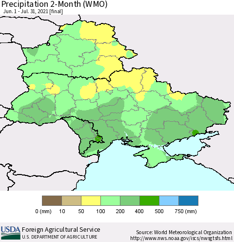 Ukraine, Moldova and Belarus Precipitation 2-Month (WMO) Thematic Map For 6/1/2021 - 7/31/2021
