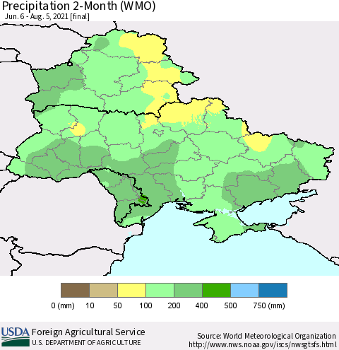 Ukraine, Moldova and Belarus Precipitation 2-Month (WMO) Thematic Map For 6/6/2021 - 8/5/2021
