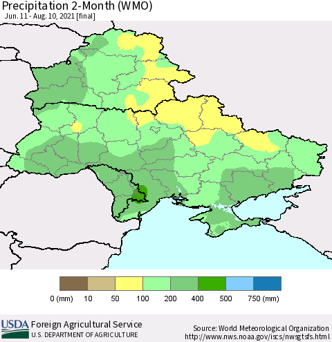 Ukraine, Moldova and Belarus Precipitation 2-Month (WMO) Thematic Map For 6/11/2021 - 8/10/2021