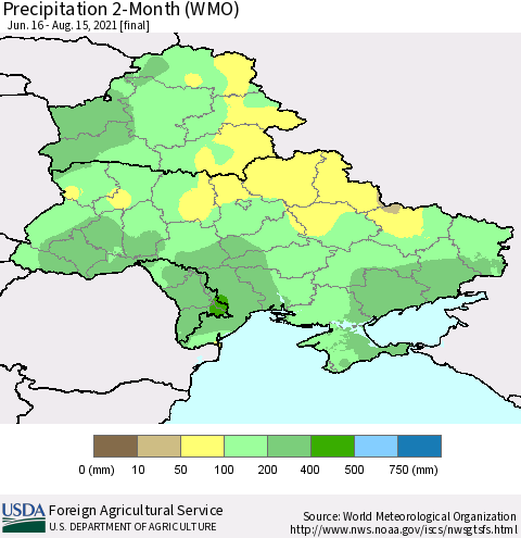 Ukraine, Moldova and Belarus Precipitation 2-Month (WMO) Thematic Map For 6/16/2021 - 8/15/2021