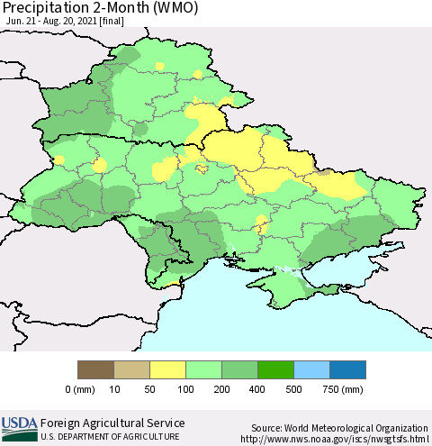 Ukraine, Moldova and Belarus Precipitation 2-Month (WMO) Thematic Map For 6/21/2021 - 8/20/2021
