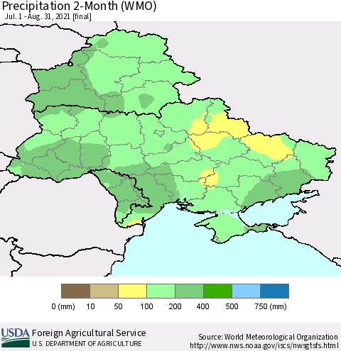 Ukraine, Moldova and Belarus Precipitation 2-Month (WMO) Thematic Map For 7/1/2021 - 8/31/2021