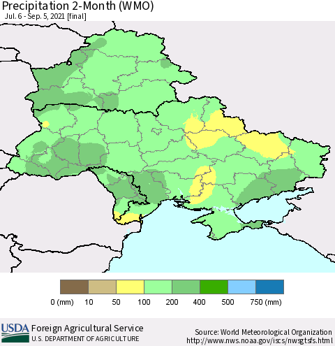 Ukraine, Moldova and Belarus Precipitation 2-Month (WMO) Thematic Map For 7/6/2021 - 9/5/2021